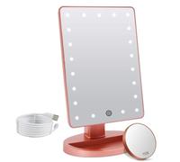 FASCINATE Makeup Vanity Mirror with Lights and Detachable 10X Magnification, 21 Led Lights Adjustable Dimming Touch Sensor, Dual Power Supply, 180° Rotation, Portable Cosmetic Mirror(Rosegold)