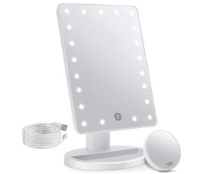 FASCINATE Makeup Vanity Mirror with Lights and Detachable 10X Magnification, 21 Led Lights Adjustable Dimming Touch Sensor, Dual Power Supply, 180° Rotation, Portable Cosmetic Mirror(White)