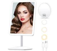 FASCINATE Makeup Vanity Mirror with Lights, Rechargeable Light up Mirror with 10X Magnification, 360°Rotation, 3 Color Light, Adjustable Dimming Touch Sensor, Portable Cosmetic Mirror