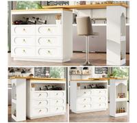 Fascinate Matteo 360 Rotating Extendable Kitchen Island Bar Table - White With Wood Grain Top, 6 Drawers & Spice Rack