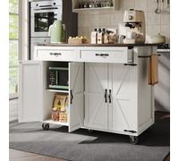 Fascinate Matteo Farmhouse Rolling Kitchen Island - Extendable Worktop, Ample Storage, Drawers & Spice Rack - White