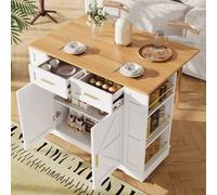 Fascinate Matteo Mobile Kitchen Island With Foldable Worktop, Lockable Wheels & Barn Door Storage - White