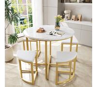 Fascinate Modern Luxury White & Gold Dining Table & 4 Velvet Chairs Set, Space-Saving Round Mdf Top