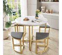 Fascinate N639 Modern 5-Piece Gold Metal & White Marble-Effect Round Dining Table Set With 4 Space-Saving Stools