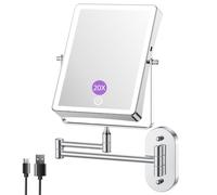 FASCINATE Rechargeable Cosmetic Mirror with 1X/20X Magnification, 3 Dimmable Light Colours, Touch Screen, 360° Rotatable for Wall Mounting, Shaving Mirror, Makeup Mirror for Bathroom (Silver_20X)