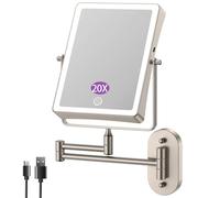 FASCINATE Rechargeable Cosmetic Mirror with 1X/20X Magnification, 3 Dimmable Light Colours, Touch Screen, 360° Rotatable for Wall Mounting, Shaving Mirror, Makeup Mirror for Bathroom (Nickel_20X)