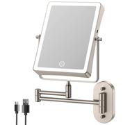 FASCINATE Rechargeable Lighted Wall Mounted Vanity Mirror, Double Sided 1X/10X Magnifying, 3 Dimmable Light Color, Touch Sensor, 360° Rotatable, Shaving Mirror, Makeup Mirror for Bathroom (Nickel)