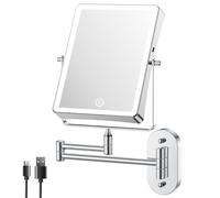 FASCINATE Rechargeable Lighted Wall Mounted Vanity Mirror, Double Sided 1X/10X Magnifying, 3 Dimmable Light Color, Touch Sensor, 360° Rotatable, Shaving Mirror, Makeup Mirror for Bathroom (Silver)