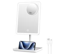 FASCINATE Rechargeable Makeup Vanity Mirror with Lights, 9.5"×7.48", Ivory | Dimmable, Touch Sensor, Small 10X Magnification mirror, 360° Rotation Cosmetic Mirror for Dressing Table Bathroom