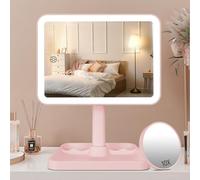 FASCINATE Rechargeable Makeup Vanity Mirror with Lights, Light Up Vanity Mirror for Dressing Table Bathroom Desk, Dimming Touch Sensor Portable Travel Mirror with Detachable 10X Magnifying (L3C_Pink)