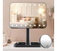 FASCINATE Rechargeable Makeup Vanity Mirror with Lights, Light Up Vanity Mirror for Dressing Table Bathroom Desk, Dimming Touch Sensor Portable Travel Mirror with Detachable 10X Magnifying (L1C_Black)