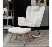 Fascinate White Fabric Rocking Armchair With Footstool & Ergonomic Neck Pillow, Modern Lounge & Nursery Relaxer