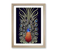 Fascinating Peacock Art No.1 Framed Print | A2 Oak Framed Wall Art | Ready to Hang | Modern Animal Picture | Living Room Bedroom Lounge Office