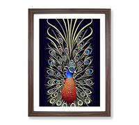 Fascinating Peacock Art No.1 Framed Print | A2 Walnut Framed Wall Art | Ready to Hang | Modern Animal Picture | Living Room Bedroom Lounge Office
