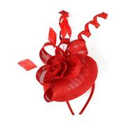 Fascinator Hat for Women Weddings Headband Mesh Flower with Ribbon Feathers Fascinators Hat on a Headband and a Forked Hairclips Vintage Cocktail Tea Party Headwear for Girls & Women (Red, One Size)