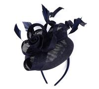 Fascinator Hat for Women Weddings Headband Mesh Flower with Ribbon Feathers Fascinators Hat on a Headband and a Forked Hairclips Vintage Cocktail Tea Party Headwear for Girls & Women (Navy, One Size)