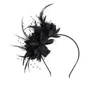 Fascinator Set Women's Black - 1-Piece Headband Set with Feather Flower 13 x 12 cm, Gloves 20 x 9 cm, Chain 49 cm Adjustable, Bracelet 19 cm, Earrings 4.5 x 1.3 cm - Perfect for Party, Wedding, Vin