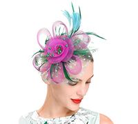 Fascinators for Women, Large Sinamay Flower & Feather Fascinator Hat with Bead Details, Polka Dot Mesh Veil, Headband and Clip for Weddings Race Royal Ascot Cocktail Tea Party