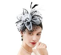 Fascinators for Women, Large Sinamay Flower & Feather Fascinator Hat with Bead Details, Polka Dot Mesh Veil, Headband and Clip for Weddings Race Royal Ascot Cocktail Tea Party