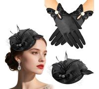 Fascinators Hat and Glove Weddings Women Noble cambric Flower Ribbons Feathers Hat (Retro Style, Black, One Size)