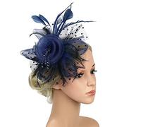 Fascinators Hat Flower Mesh Ribbons Faux Feathers on a Headband and a Forked Clip Tea Party Headwear Flower Mesh Headband Wedding Cocktail Hair Clip for Women(Navy Blue)