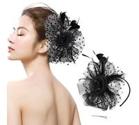 Fascinators Hat Flower Mesh Ribbons Faux Feathers on a Headband and a Forked Clip Tea Party Headwear Flower Mesh Headband Wedding Cocktail Hair Clip for Women(Black)