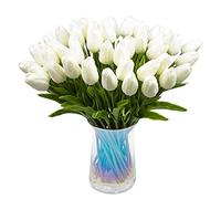 FASE 30Pcs Artificial Tulips Flowers Real Touch Tulips PU Tulip Bouquet Latex Flower White Tulip(White)
