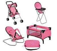 fash n kolor 4 Piece Doll Play Set, Includes - 1 Pack N Play. 2 Doll Stroller 3.Doll High Chair. 4.Infant Seat, Fits Up to 18'' Doll (4 Piece Set)