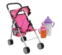 fash n kolor Doll Stroller with Basket - My First Baby Doll Umbrella Stroller - Pink Polka Dot Foldable Doll Pram Baby Doll Accessories Gift Toys for Girls with 2 Free Bonus Bottles
