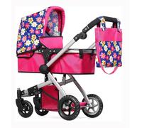 Fash N Kolor | Foldable Pram for Baby Doll with Flower Design with Swiveling Wheel Adjustable Handle Bassinet Stroller with Baby Doll, Convertible Seat, and Basket, and Free Carriage Bag