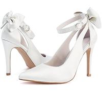 Fashare Womens High Heels Bow Tie Back Sexy Stiletto Ankle Strap Wedding Dress Pumps Shoes, A-satin White, 6 UK