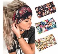 Fashband Boho Wide Headbands Elastic Yoga Head Scarf Black Flower Hair Bands Knot Turban Headwraps for Women and Girls (Pack of 3)