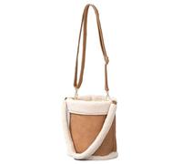 Fasheepfa Fall Winter Plush Bucket Bag with Adjustable Strap PU Splicing Drawstring Closure Casual Commute Tote (Brown)