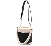 Fasheepfa Fall Winter Plush Bucket Bag with Adjustable Strap PU Splicing Drawstring Closure Casual Commute Tote (Black)