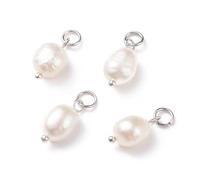 FASHEWELRY 10 Pcs Fresh Water Pearl Charms Polished Rice Natural Cultured Pearl Pendants Platinum Brass Loops Dangle Charms for Earring Bracelet Necklace DIY Jewelry Making