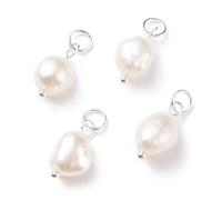 FASHEWELRY 10 Pcs Fresh Water Pearl Charms Polished Rice Natural Cultured Pearl Pendants Silver Brass Loops Dangle Charms for Earring Bracelet Necklace DIY Jewelry Making