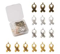 FASHEWELRY 100pcs/box Tibetan Breast Cancer Awareness Charms 5 Styles Hope Ribbon Pendants 19x7.5mm for DIY Jewellery Crafts Making