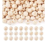 FASHEWELRY 100Pcs Natural Wood Round Beads Unfinished Wooden Large Hole European Beads Letter A E I O U Vowel Loose Spacers for Jewelry Making