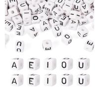 FASHEWELRY 100Pcs Square Acrylic Letter Beads 10mm White Cube Alphabet Bead Vowel Letter A E I O U Beads for Friendship Bracelets Necklaces Jewelry Making