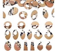 FASHEWELRY 16 Pcs Resin Wooden Charms 8 Style Walnut Wood Earring Charms Blanks Flat Round Teardrop Pendants with Glitter Powder Wood Resin Charms for Earring Necklace Jewelry Making