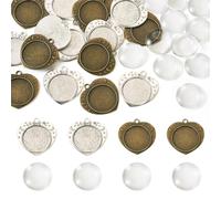 FASHEWELRY 16 Sets Antique Heart Round Pendant Tray Cabochon Settings 25mm Tibetan Style Blank Bezel Tray Base Pendant with Glass Cabochons for DIY Memorial Necklace Photo Jewelry Making