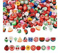 FASHEWELRY 200Pcs Fruit Polymer Clay Beads Cactus Flower Ladybug Butterfly Clay Beads Loose Spacer for DIY Jewelry Making