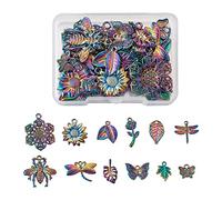 FASHEWELRY 24Pcs Alloy Rainbow Insects Charms Multicolor Dragonfly Flower Leaf Butterfly Pendants Colorful Etched Metal Embellishments for DIY Jewelry Making