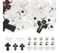 FASHEWELRY 36Pcs White Cross Silicone Focal Beads for Keychain Making - Heart Angel Wings Rubber Beads Gothic Spacer Bead for DIY Crafts Pen Halloween Jewelry Making