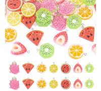 FASHEWELRY 42Pcs Fruit Slices Resin Charms Cute Orange Lemon Strawberry Kiwi Artificial Food 3D Vegetable Pendants Hanging Ornament for Earring Bracelet Necklace Keychain Jewelry Making Supllies
