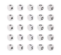 FASHEWELRY 50Pcs Cube Letter Silicone Beads 12x12mm White Cubic Letter A E I O U Vowel Beads for DIY Bracelet Necklace Chain Making 2mm Hole