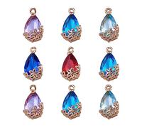 FASHEWELRY 50Pcs Faceted Teardrop Glass Pendants Random Mixed Color Transparent Crystal Drop Charms with Light Gold Brass Flower Setting for DIY Bracelet Necklace Earring Jewelry Craft Making