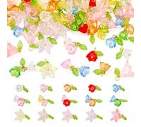 FASHEWELRY 60Pcs Flower Acrylic Charms Floral Plastic Dangle Charm with Green Leaf Pendants Pastel Kandi Earring Charms for DIY Crafts Necklace Earring Jewelry Making Supplies