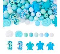 FASHEWELRY 72 Pcs Silicone Focal Bead Blue Theme Turtle Shell Sea Horse Round Rubber Loose Beads Silicone Beading Kit for Bead Pens Keychain Jewelry Making Bracelet Necklace Handmade Crafts