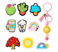 FASHEWELRY 9Pcs Summer Theme PVC Plastic Beads Rainbow Coconut Sun Drink Tree Cactus Hawaii Craft Beads Funny Summer Beach Spacer Beads for Pens Lanyard Keychain DIY Crafts Jewelry Making